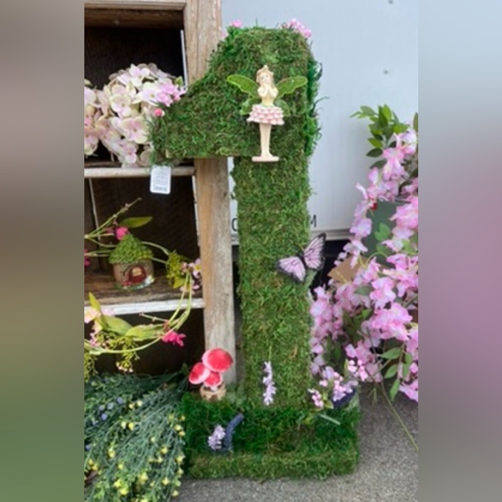 Fairy First Birthday custom cut Number 1 with moss and fairy decor